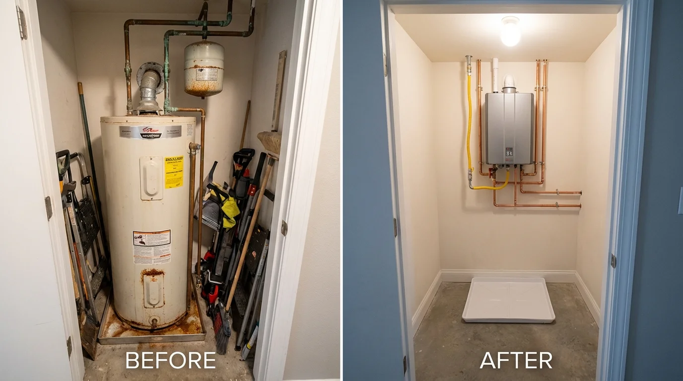 Tank water heater versus wall-mounted tankless unit comparison for Clinton, IN homeowners