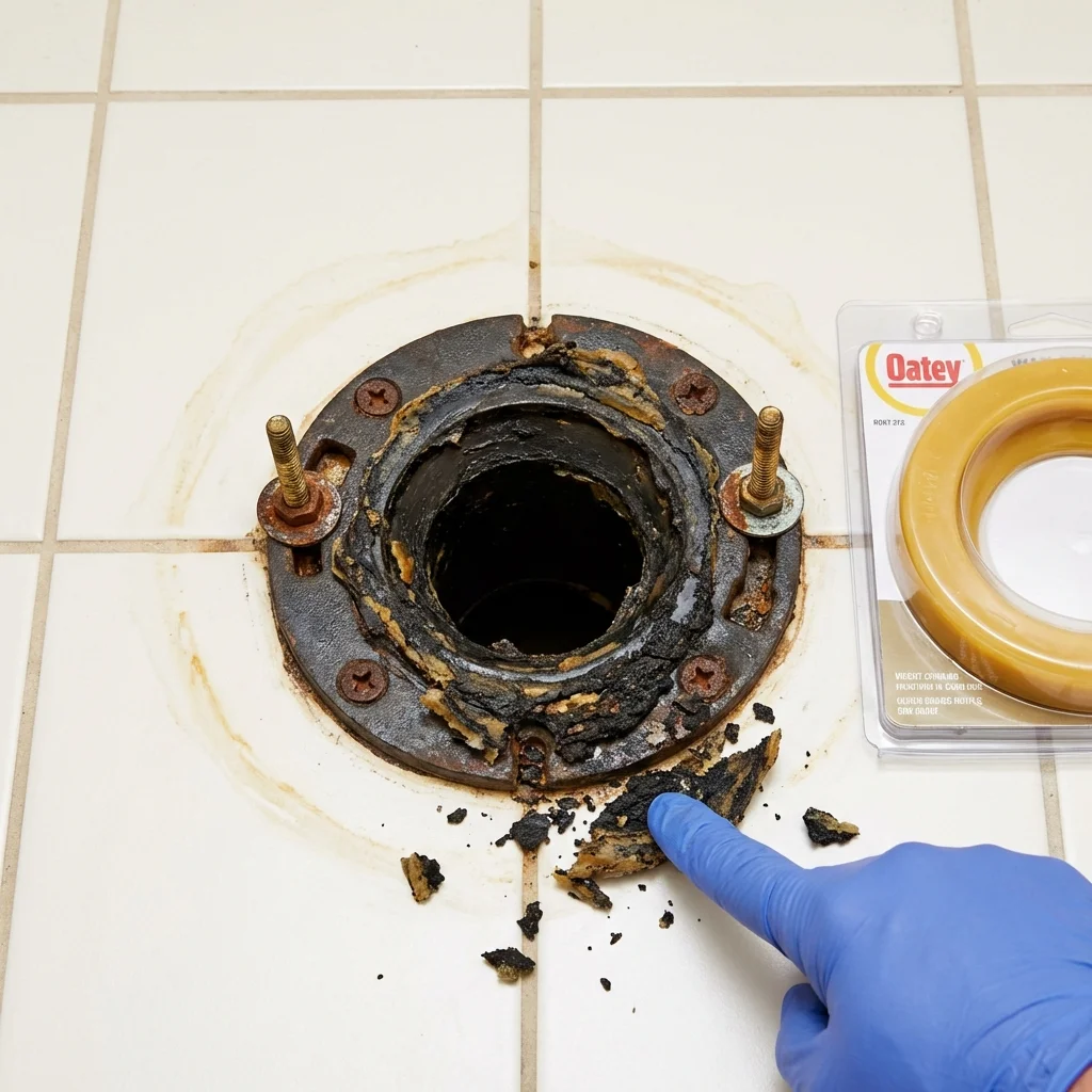 Failed wax ring showing water seepage at the base of a toilet in a Clinton, IN home
