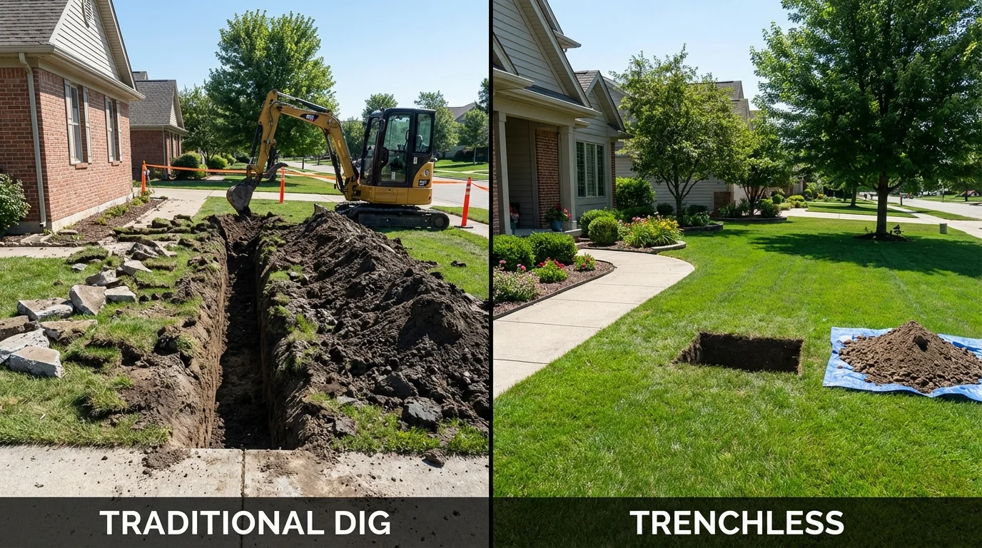 Trenchless sewer repair with minimal yard damage versus traditional excavation in Clinton, IN