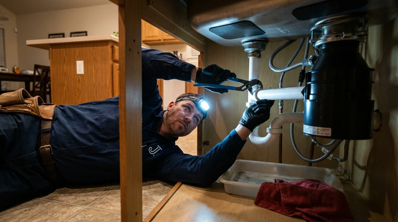 P-trap and supply line connections under a kitchen sink showing a common leak point in Clinton, IN